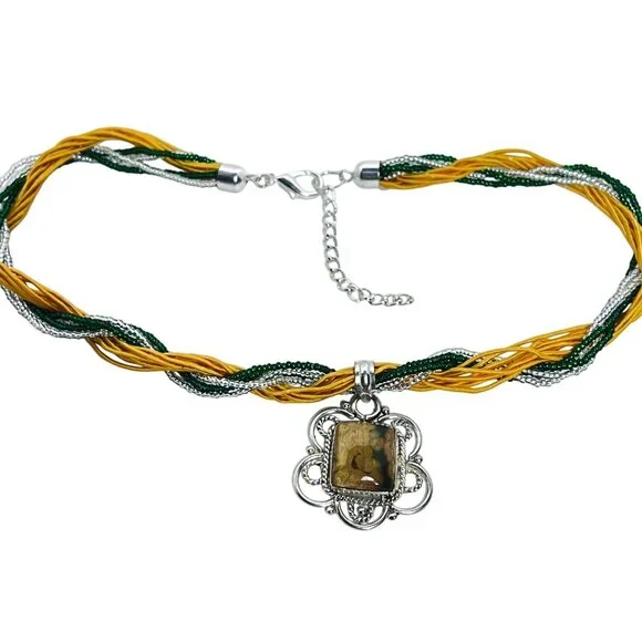 12 Strand Green & Silver Seed Bead Necklace With Jasper Pendant (5891) - Picture 5 of 6